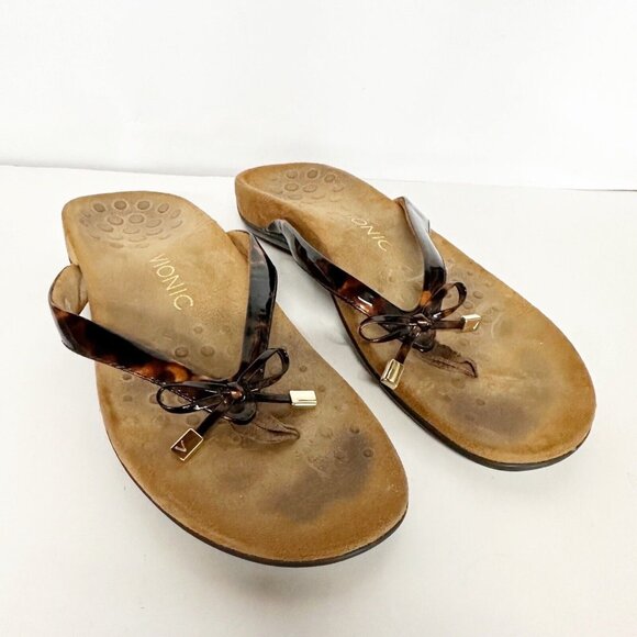 Vionic Belle II Tortoise Print Bow Toe Post Thong Sandal Womens Size 8 Comfort - Picture 1 of 9